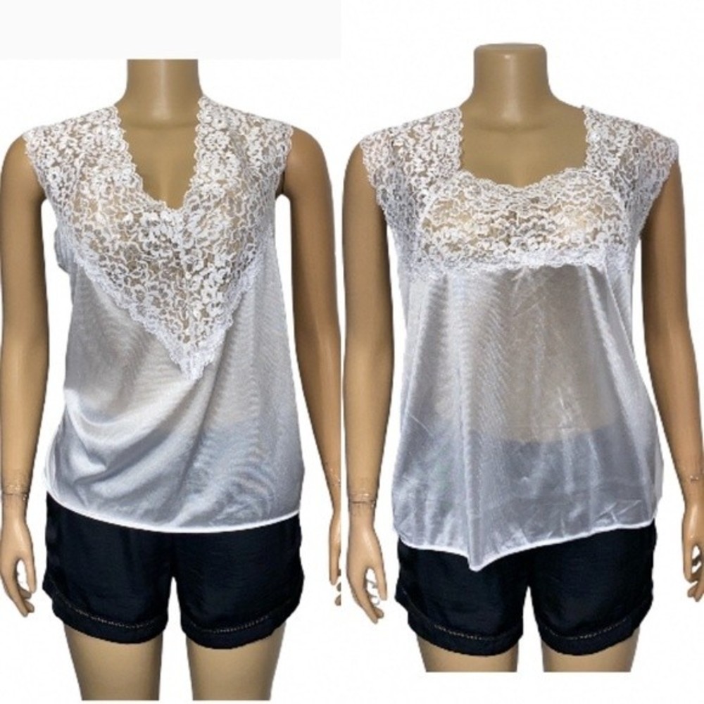 90s Metropolitan Camisoles Top White Sheer Reversible Neckline Satin size 1X